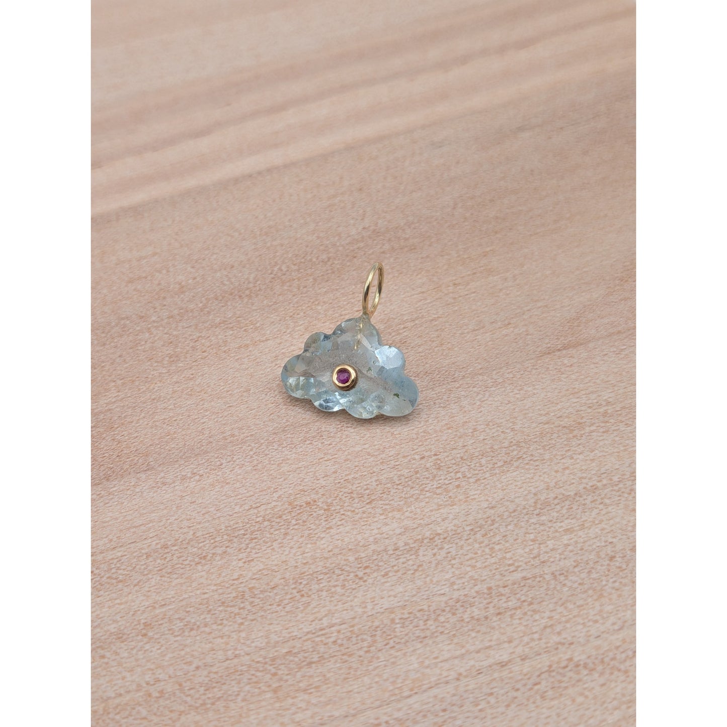 14K Gold Blue Topaz Cloud Pendant Natural Ruby Inlay Carved Gemstone