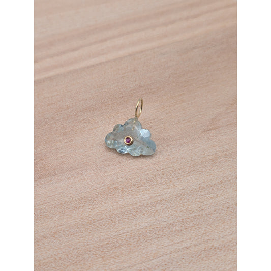 14K Gold Blue Topaz Cloud Pendant Natural Ruby Inlay Carved Gemstone