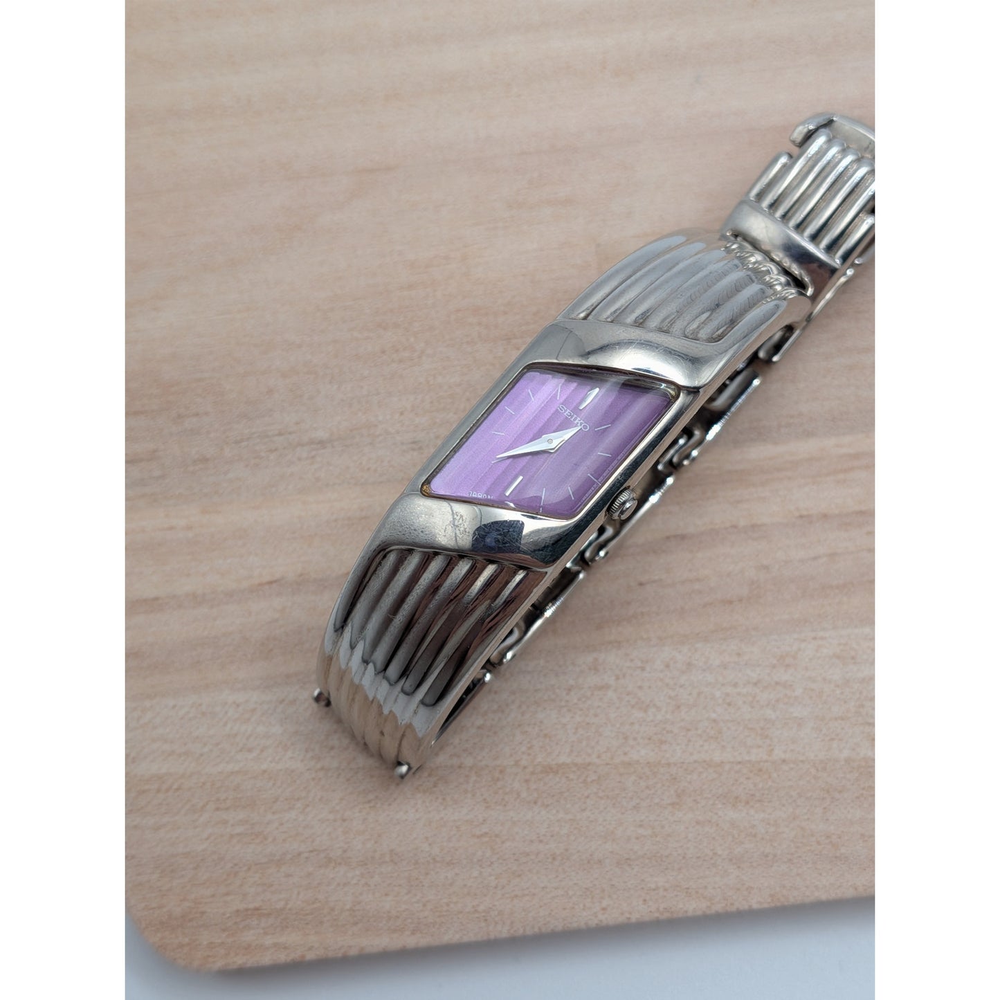 Vintage Seiko Rivoli Silver Tone Asymmetrical Watch Purple Dial