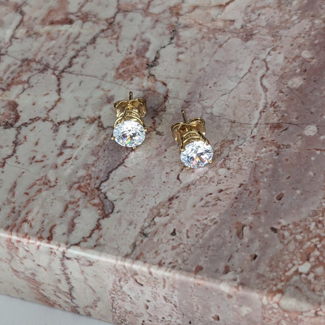 Estate 14k Yellow Gold White CZ Stones Stud Earrings
