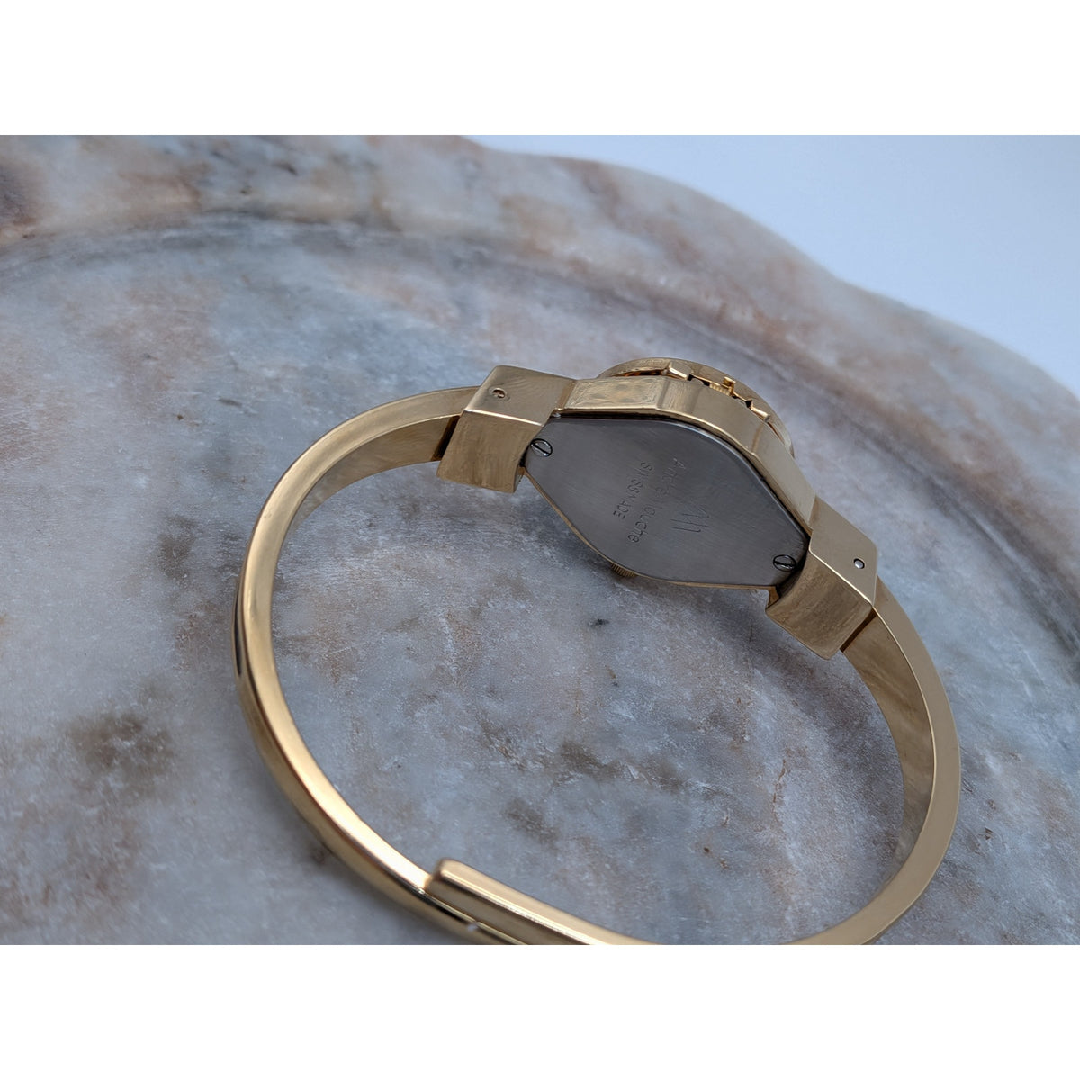 Preowned Andre Mouche 2000s Gold Tone Peekaboo Watch Black Enamel White Flowers