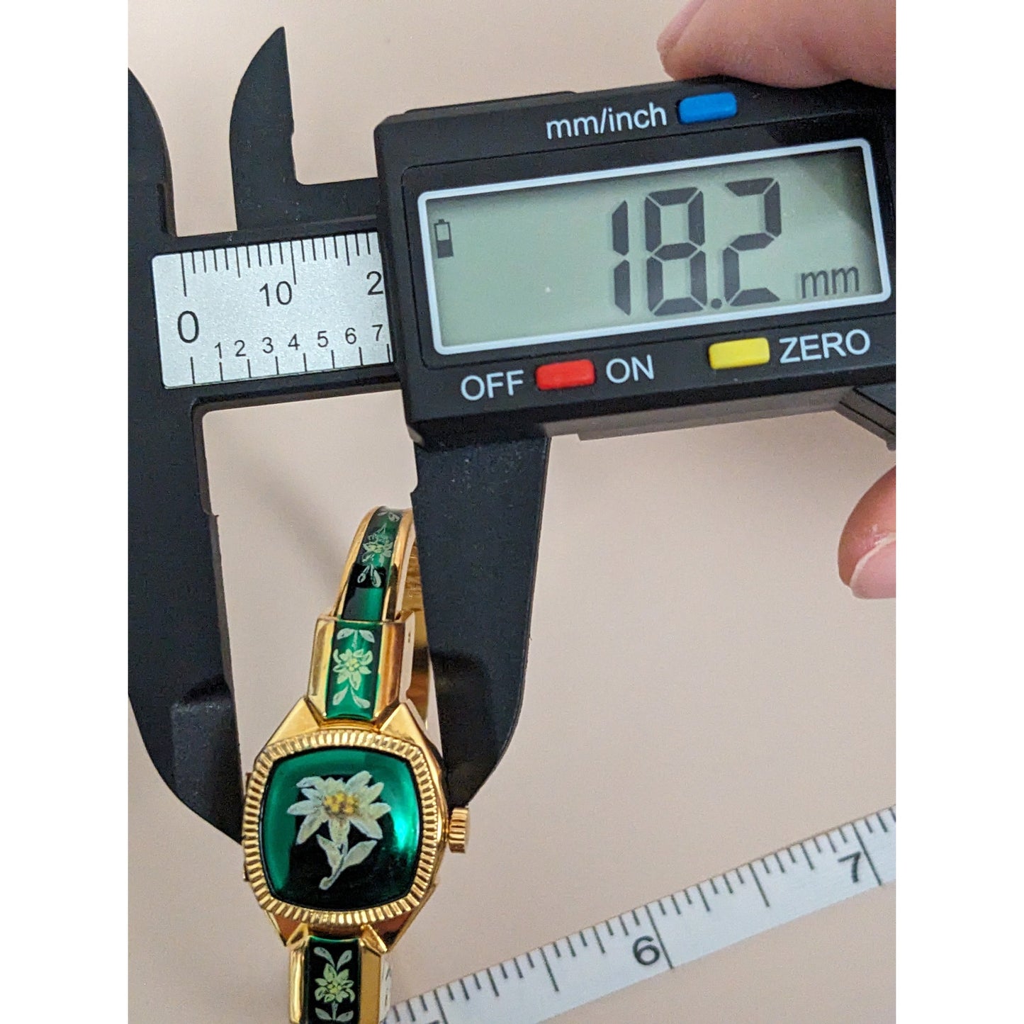 Vintage Andre Mouche Silver Tone Bangle Watch with Blue Floral Enamel Working