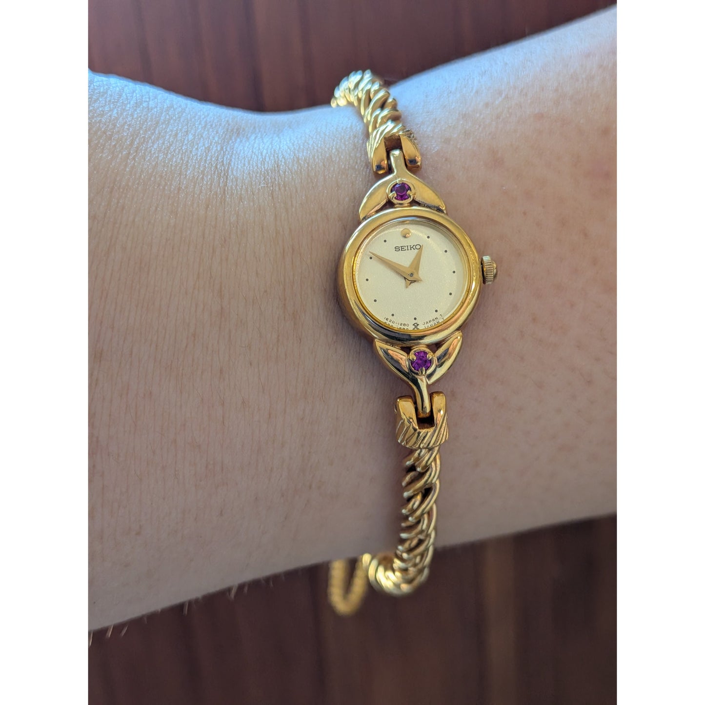Vintage Seiko Dainty Gold Tone Rope Watch with Pink Stones