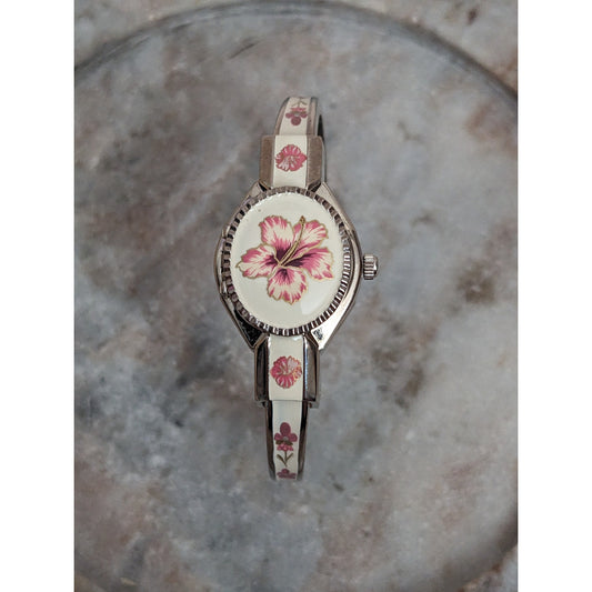 Vintage Andre Mouche Silver Tone Peekaboo Watch Off White Enamel Pink Flowers