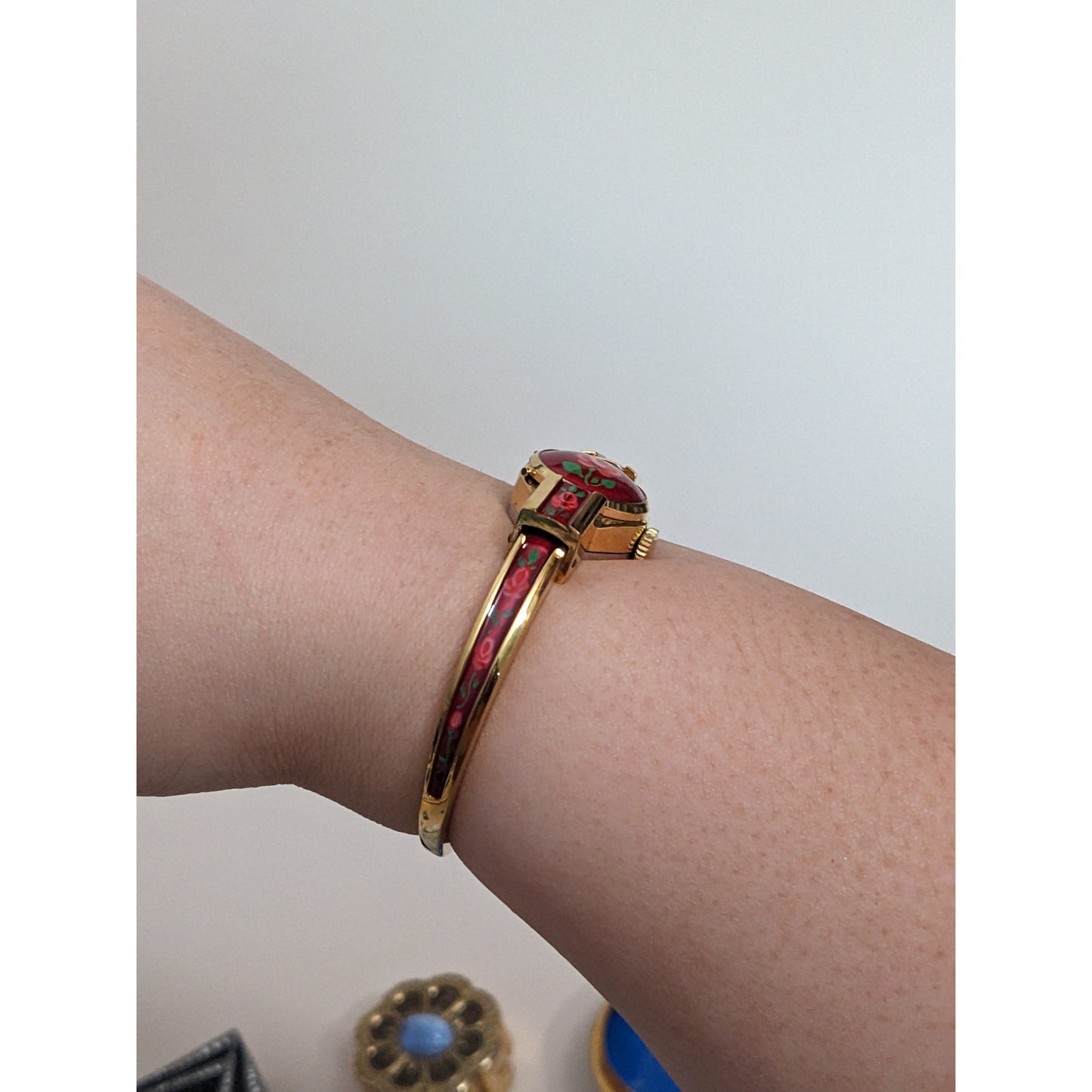 Vintage Andre Mouche Silver Tone Bangle Watch with Blue Floral Enamel Working