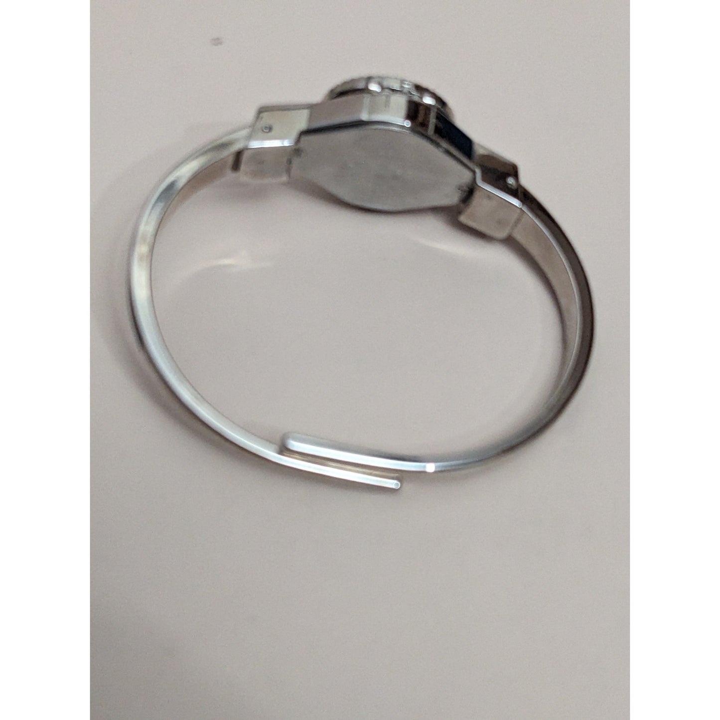 Vintage Andre Mouche Silver Tone Peekaboo Watch Dark Blue Enamel Silver Flowers