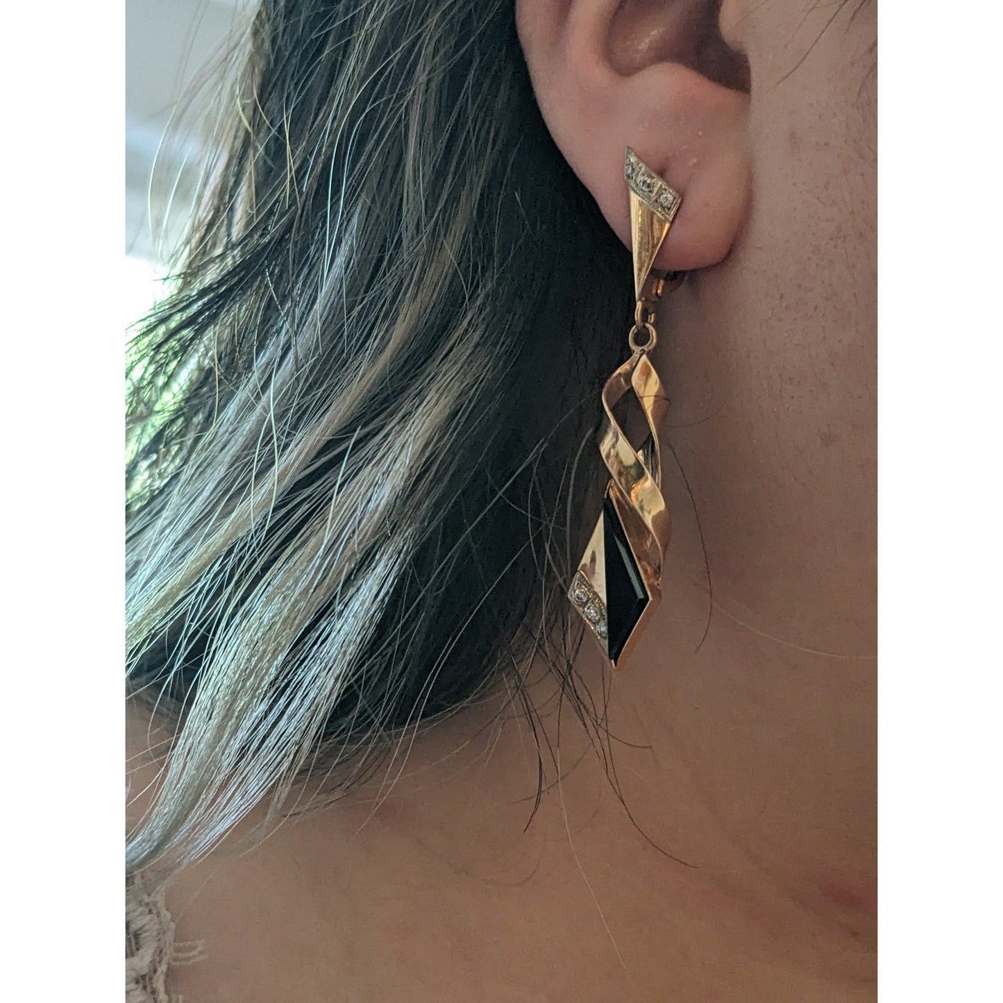 Vintage 1990s USSR 14k Gold Earring and Ring Size 7 Set Onyx and Diamonds