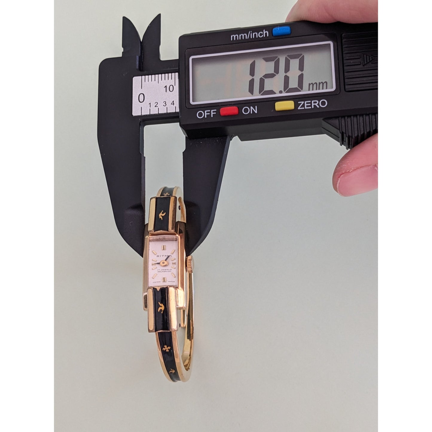 Vintage Ritma Manual Gold Tone Bangle Watch Black Enamel and Birds