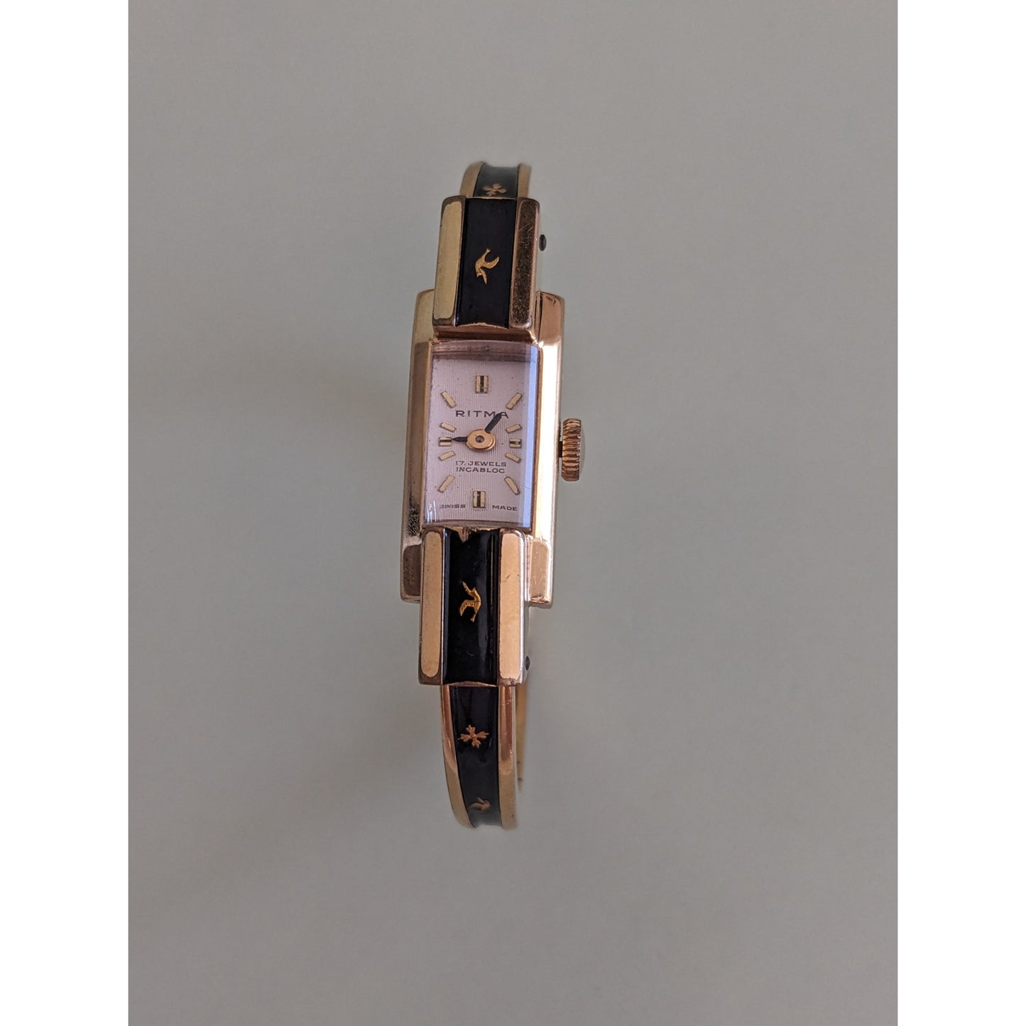 Vintage Ritma Manual Gold Tone Bangle Watch Black Enamel and Birds