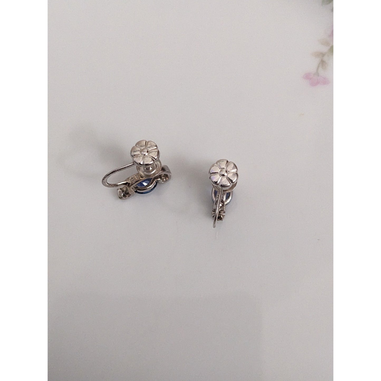 Estate 14k White Gold Screwback Earrings with Blue and White Gems