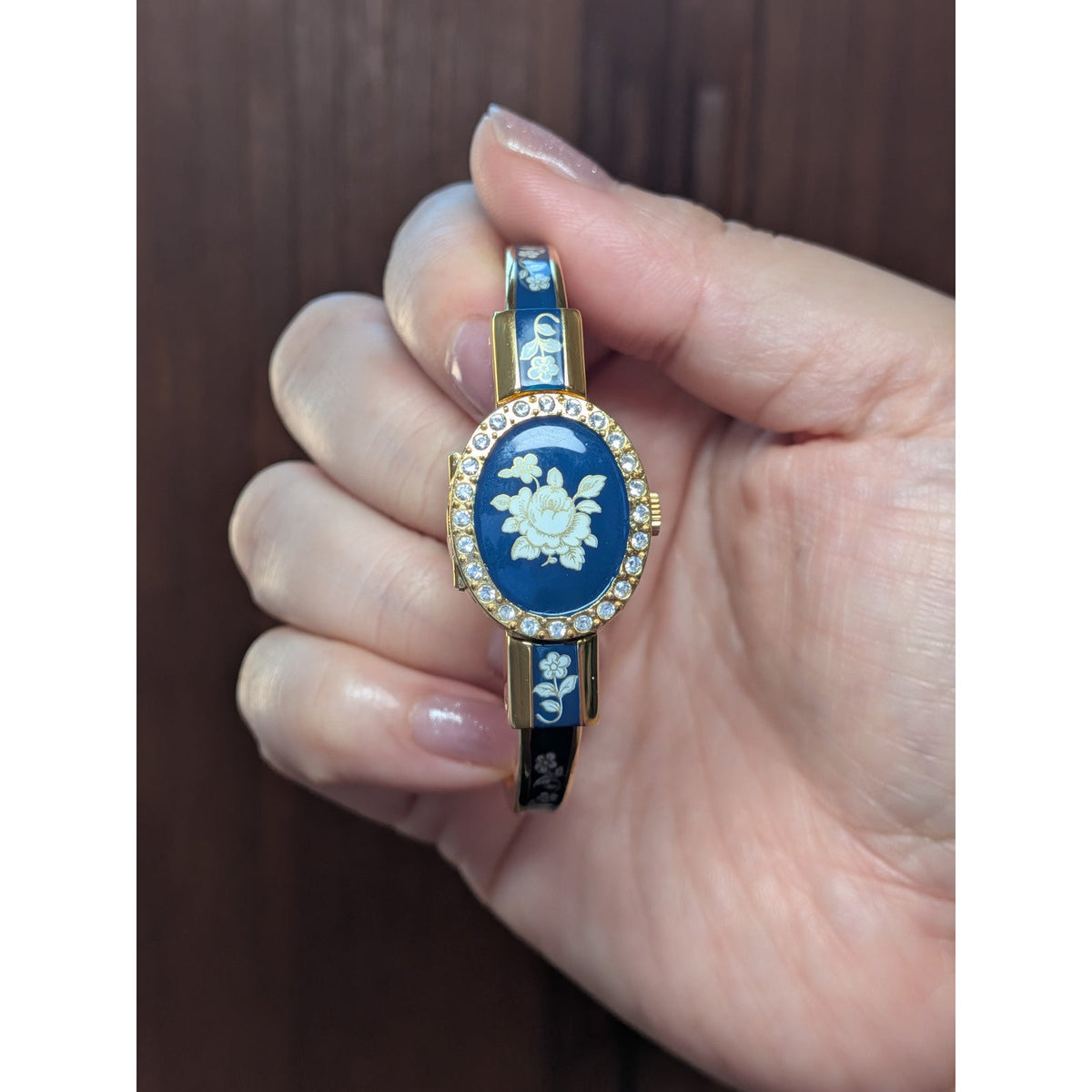 Vintage Andre Mouche Gold Tone Peekaboo Watch Blue Enamel White Flowers in Box