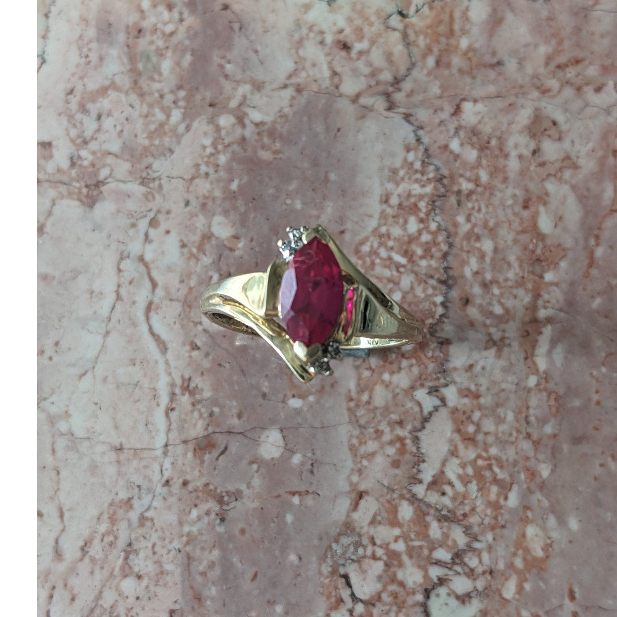 Vintage 10k Yellow Gold Faux Marquise Ruby Ring Size 7