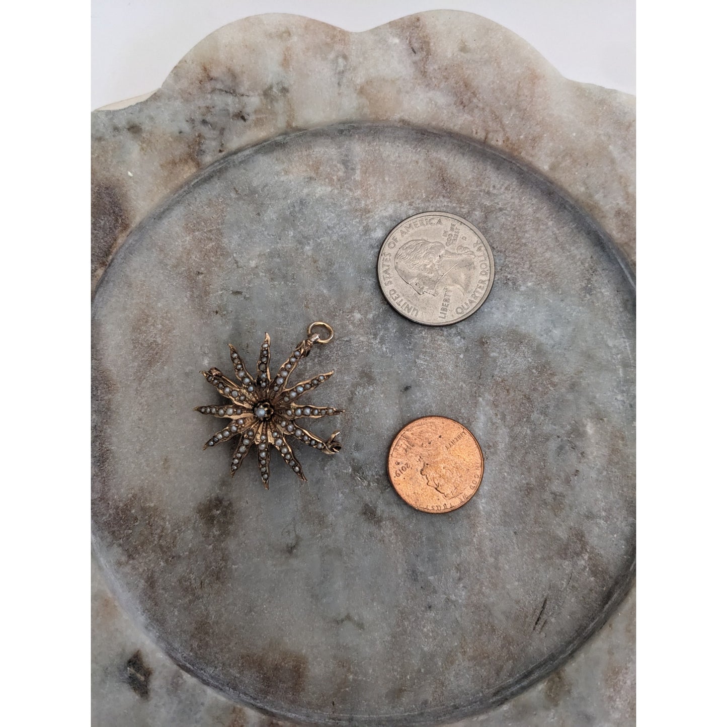 Vintage 10k Gold Starburst Sun with Seed Pearls Brooch / Pendant