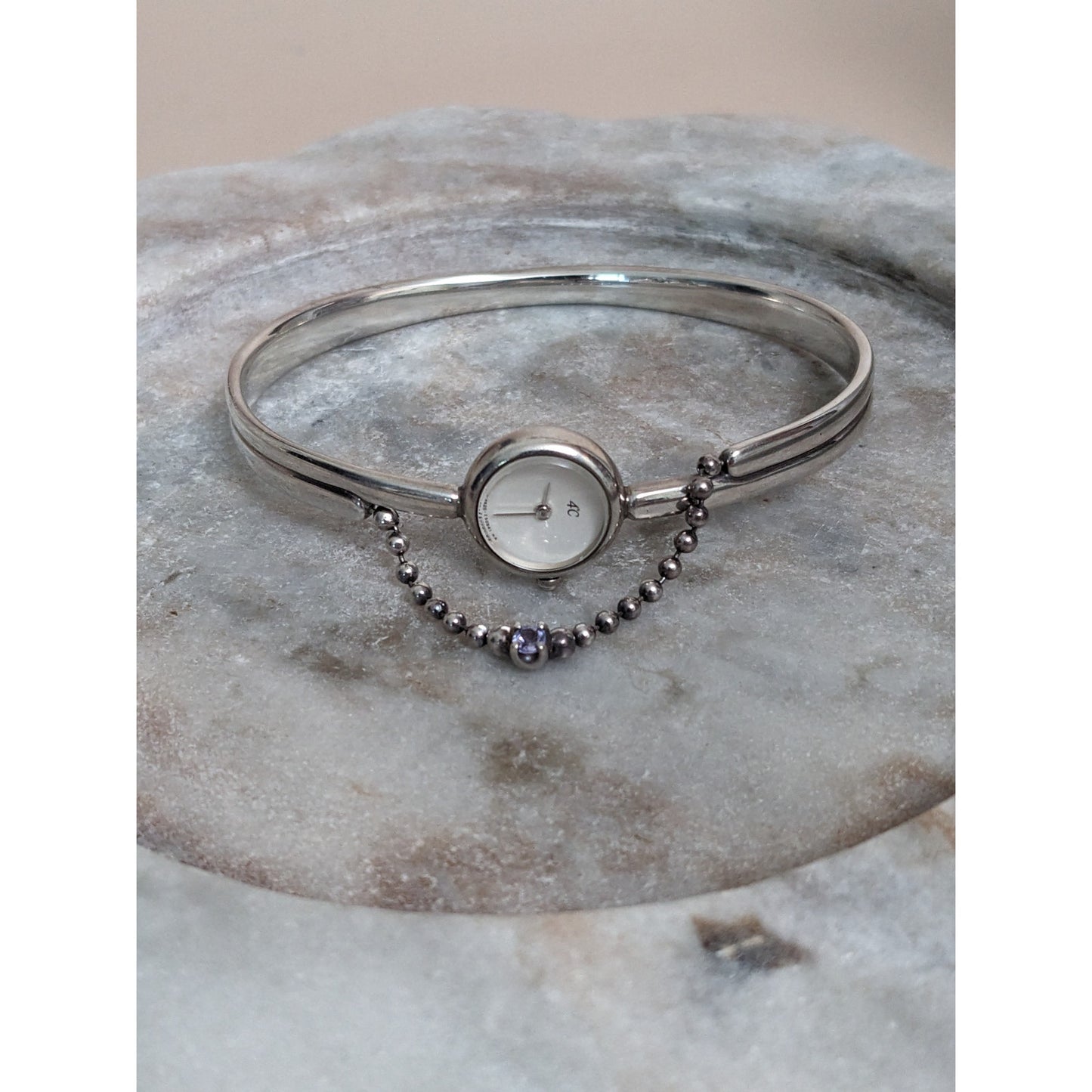 Vintage Andre Mouche Silver Tone Bangle Watch with Blue Floral Enamel Working