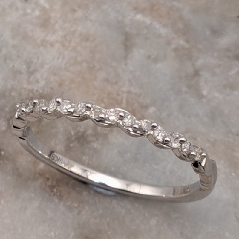 Preowned 10k Solid White Gold Dainty Wave Stacker Ring Size 6.75 Diamond Accents