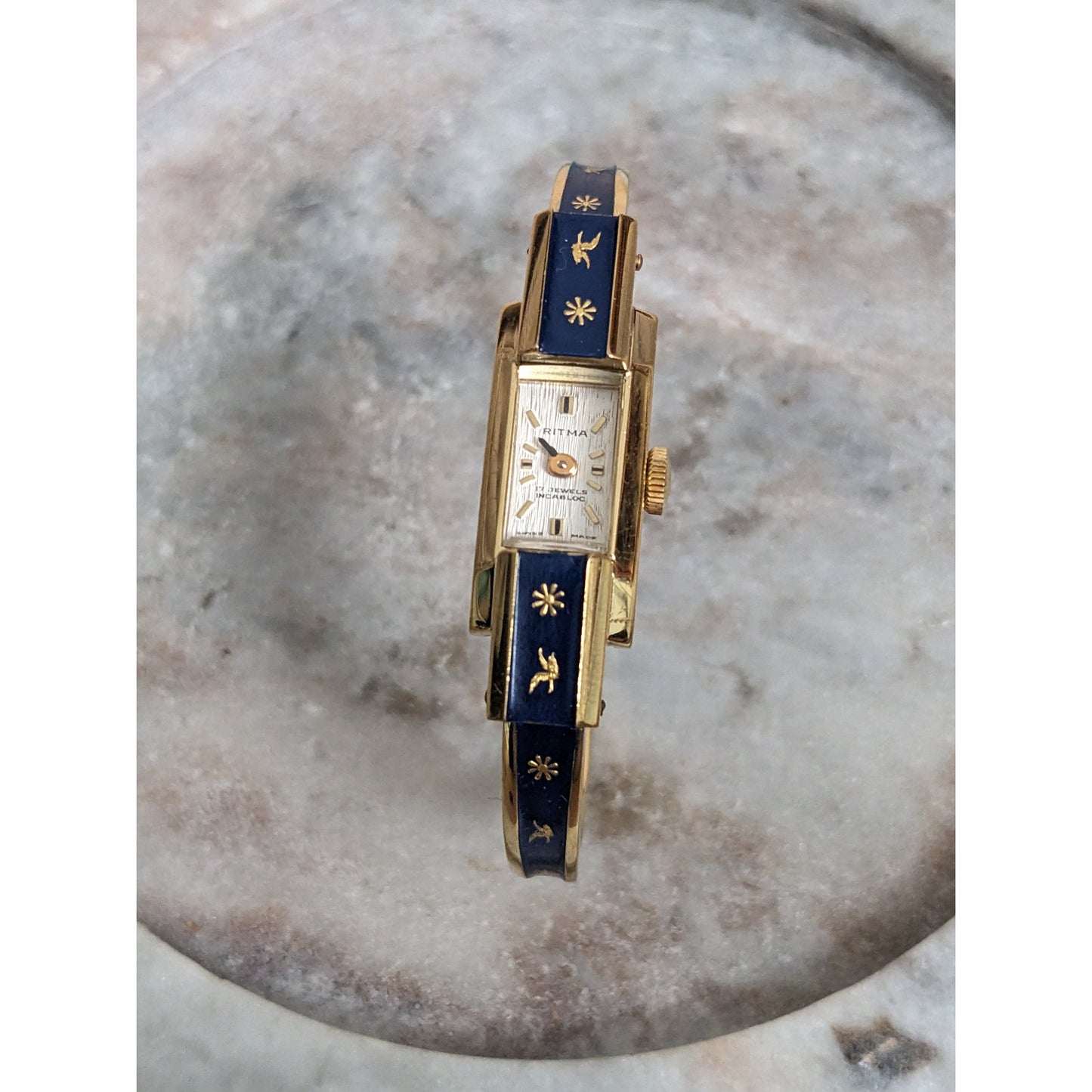 Vintage Andre Mouche Silver Tone Bangle Watch with Blue Floral Enamel Working