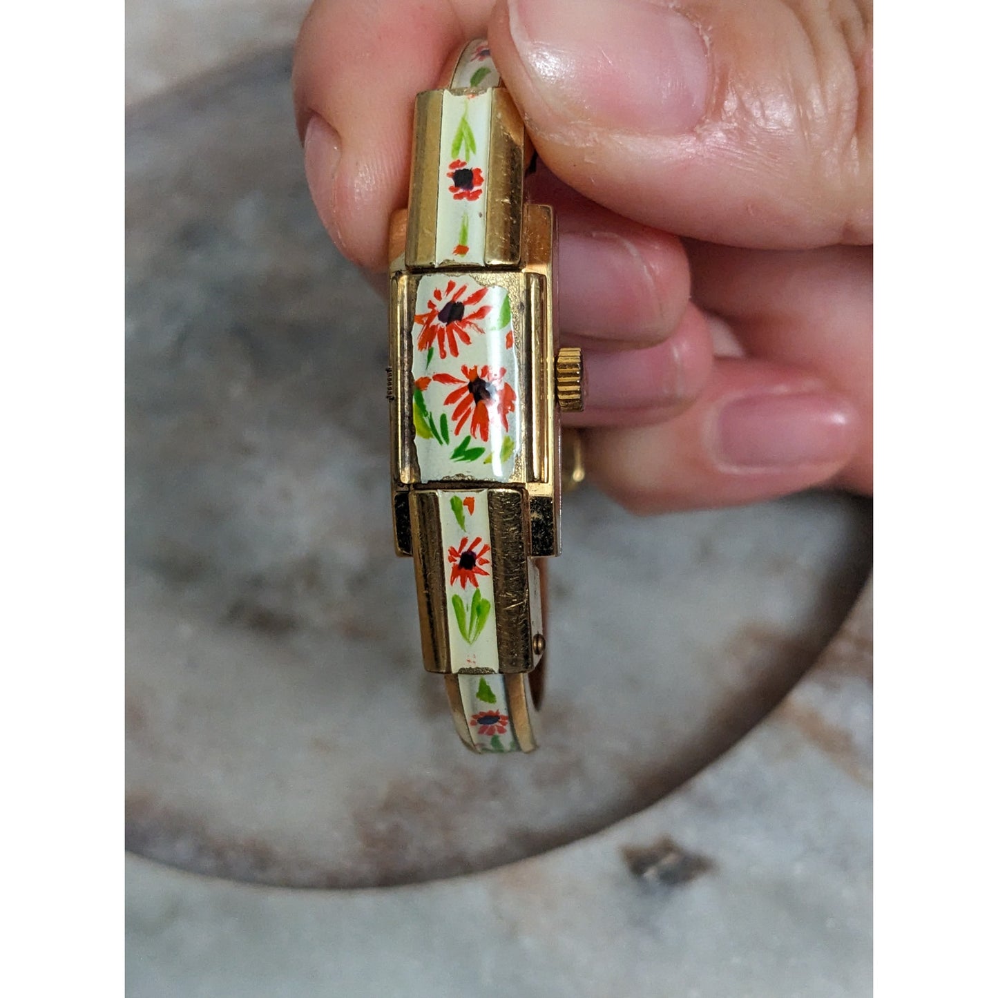 Vintage Andre Mouche Silver Tone Bangle Watch with Blue Floral Enamel Working