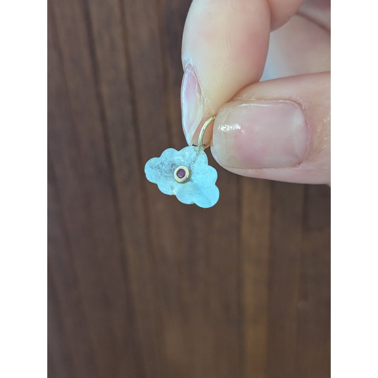 14K Gold Blue Topaz Cloud Pendant Natural Ruby Inlay Carved Gemstone