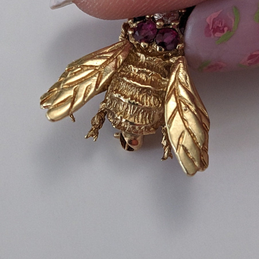 Vintage 14k Yellow Gold Ruby and Diamond Bee Brooch