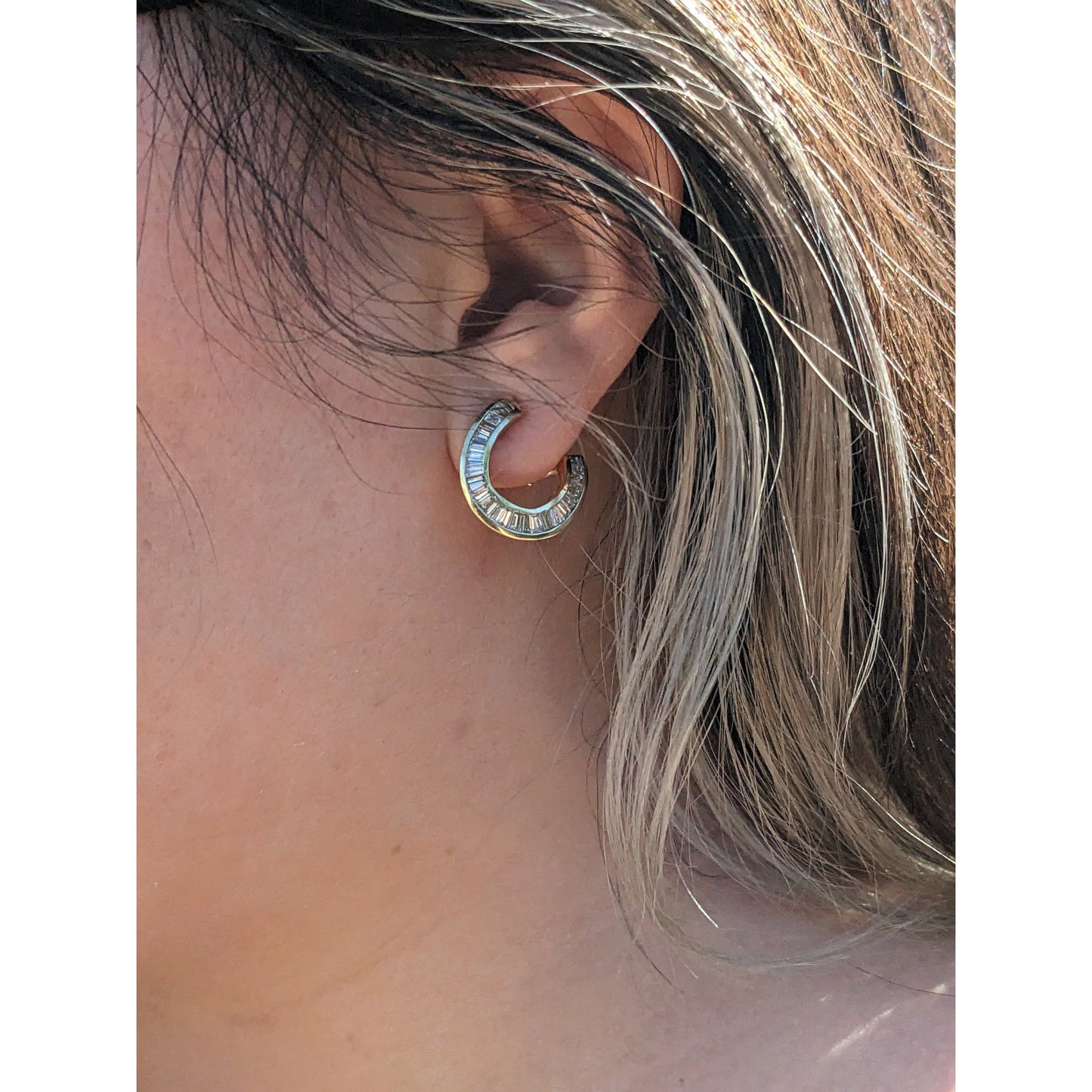 Estate 14k Yellow Gold Baguette Diamonds Omega Backing Earrings