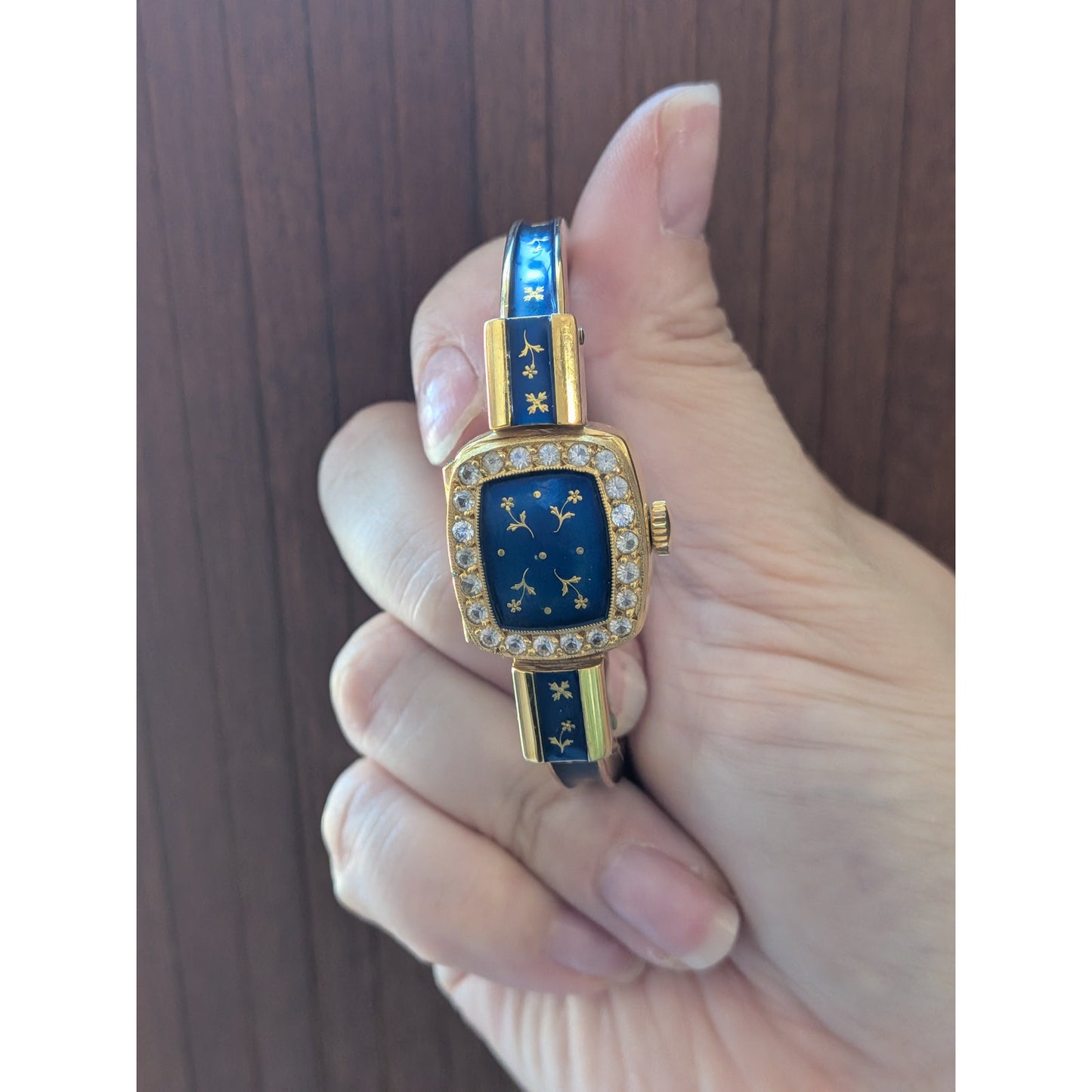 Vintage Chandler Gold Tone Peekaboo Manual Watch Blue Enamel Gold Flowers