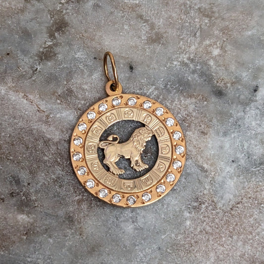 Vintage 14k Rose and Yellow Gold Leo Zodiac Charm Pendant White Stone Accents