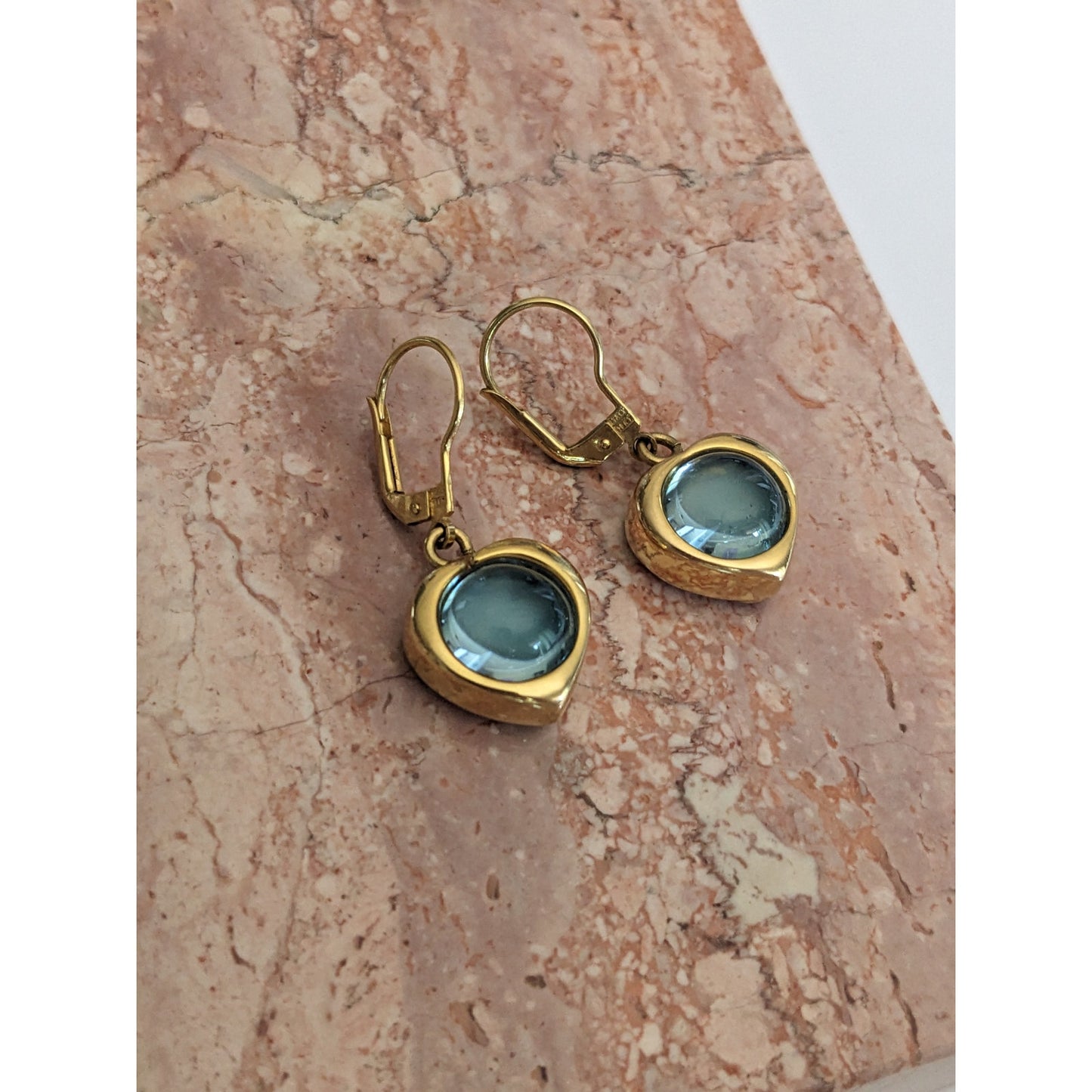 Vintage 18k Italy Heart Drop Earrings 10mm Round Blue Topaz Cabs