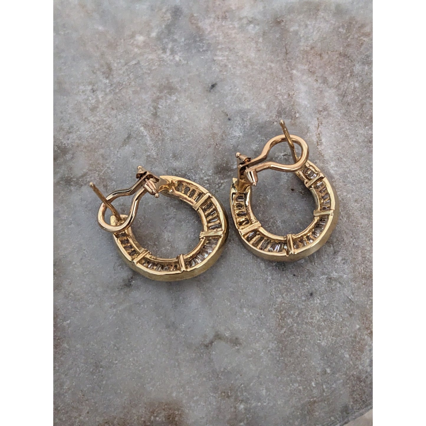 Estate 14k Yellow Gold Baguette Diamonds Omega Backing Earrings