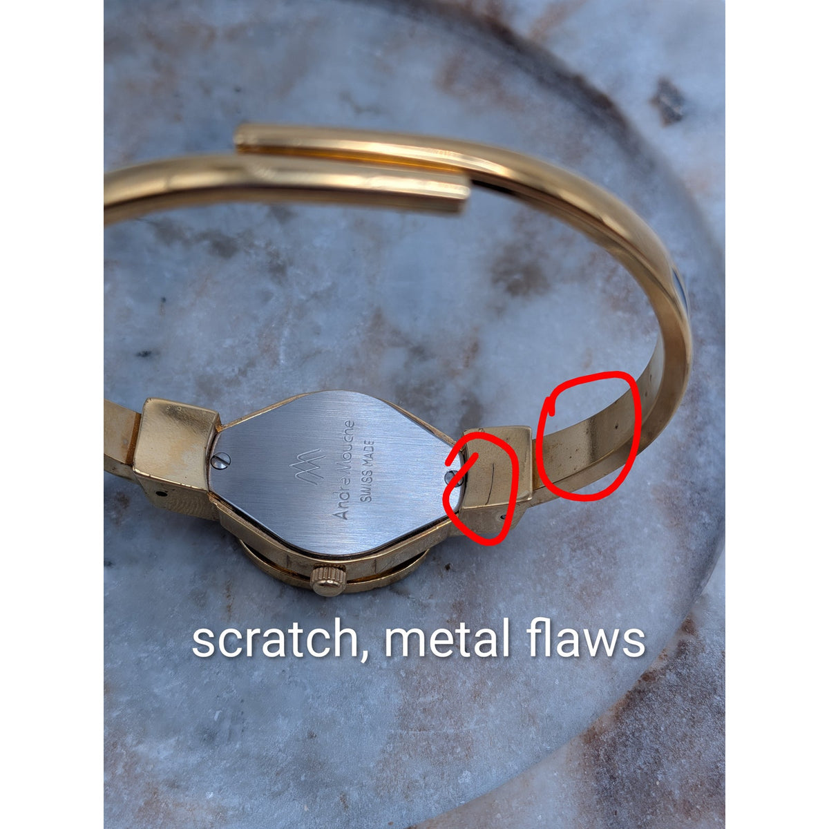 FLAW Vintage Andre Mouche Gold Tone Peekaboo Watch Blue Enamel and Flower Accent