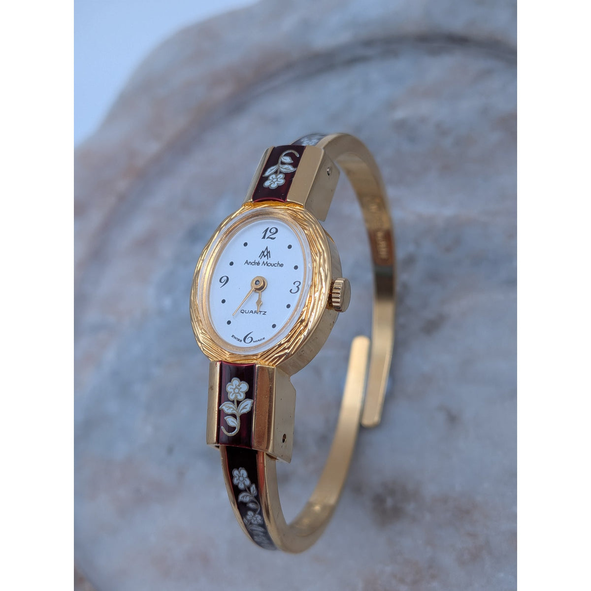 Vintage Andre Mouche Gold Tone Bangle Watch Reddish Brown Enamel White Flowers