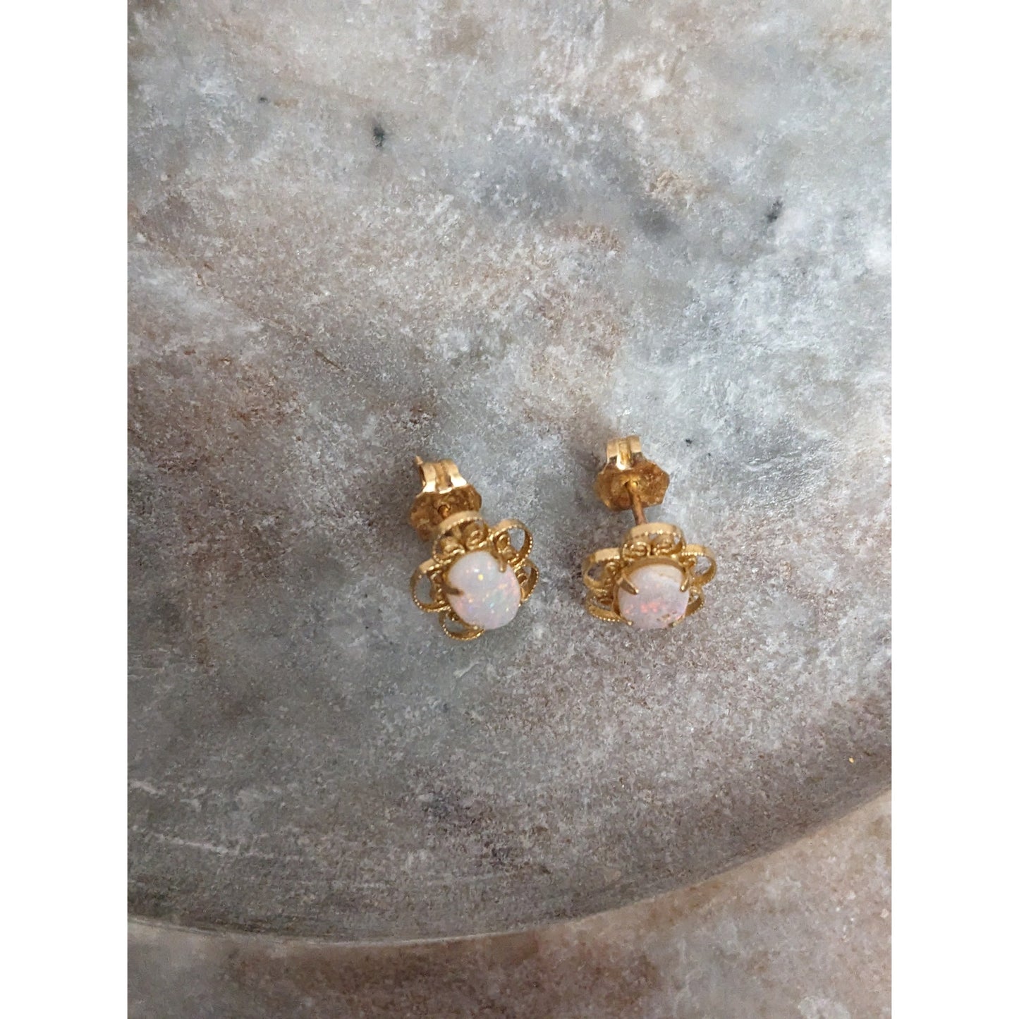 Vintage 14k Yellow Gold Dainty Flower with Opal Center Stud Earrings