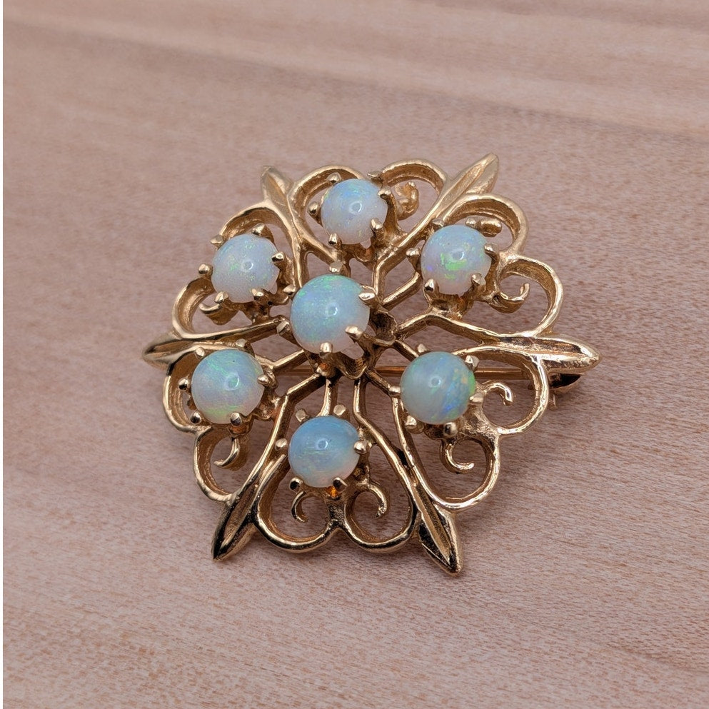 Vintage 14k Yellow Gold Cluster of Opals Flower Brooch or Pendant