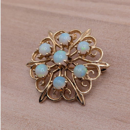 Vintage 14k Yellow Gold Cluster of Opals Flower Brooch or Pendant