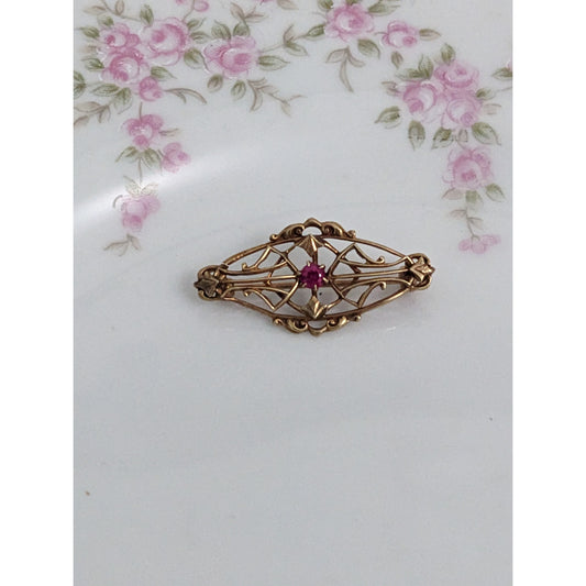 Antique 14k Gold Mini Dainty Pink Glass Victorian Flower Brooch