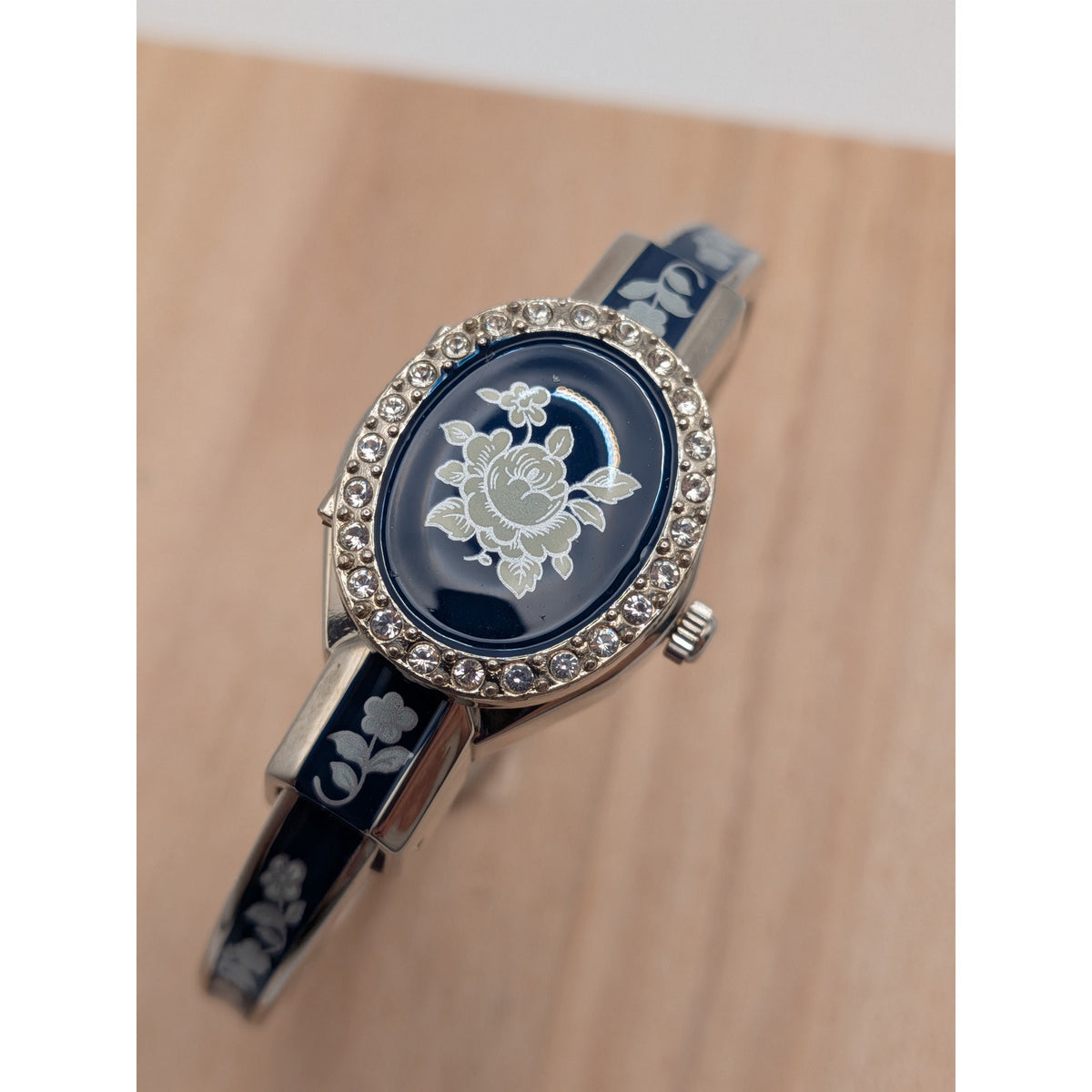 Vintage Andre Mouche Silver Tone Peekaboo Watch Blue Enamel White Flowers w/Box