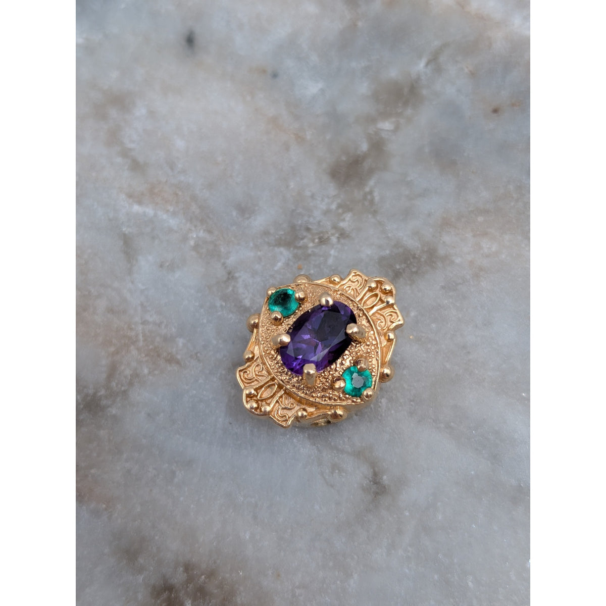 Vintage Old Victoria 14k Gold Bracelet Slide Charm Purple & Green Stones