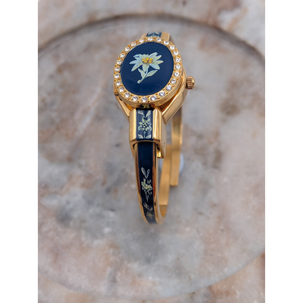 FLAW Vintage Andre Mouche Gold Tone Peekaboo Watch Blue Enamel and Flower Accent