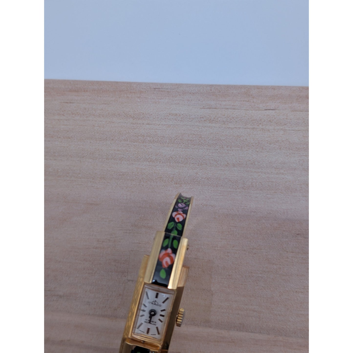 Vintage Itraco Gold Tone Dainty Bangle Watch Black Enamel Pink Purple Flowers