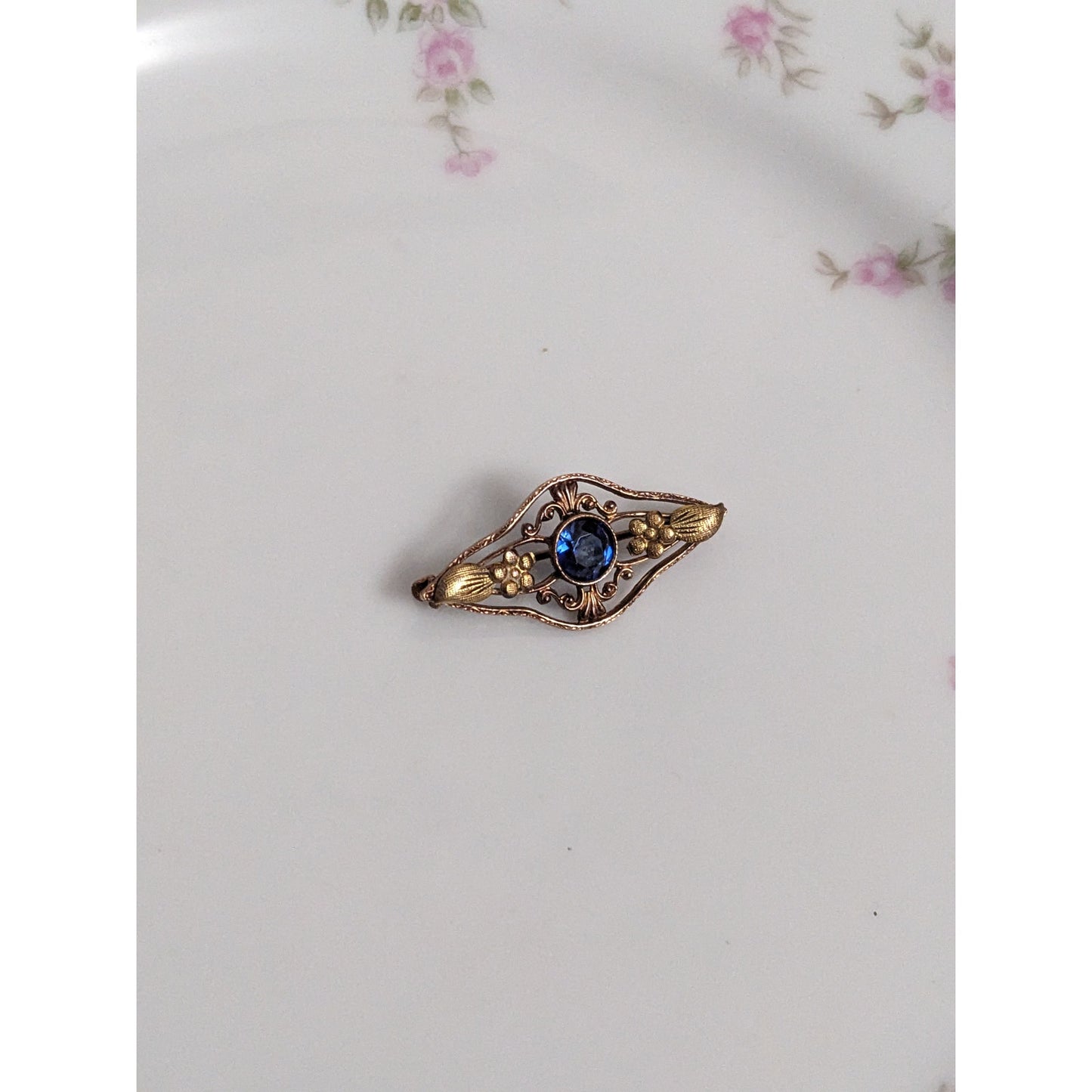 Antique 10k Rose and Yellow Gold Floral Brooch with Blue Gem