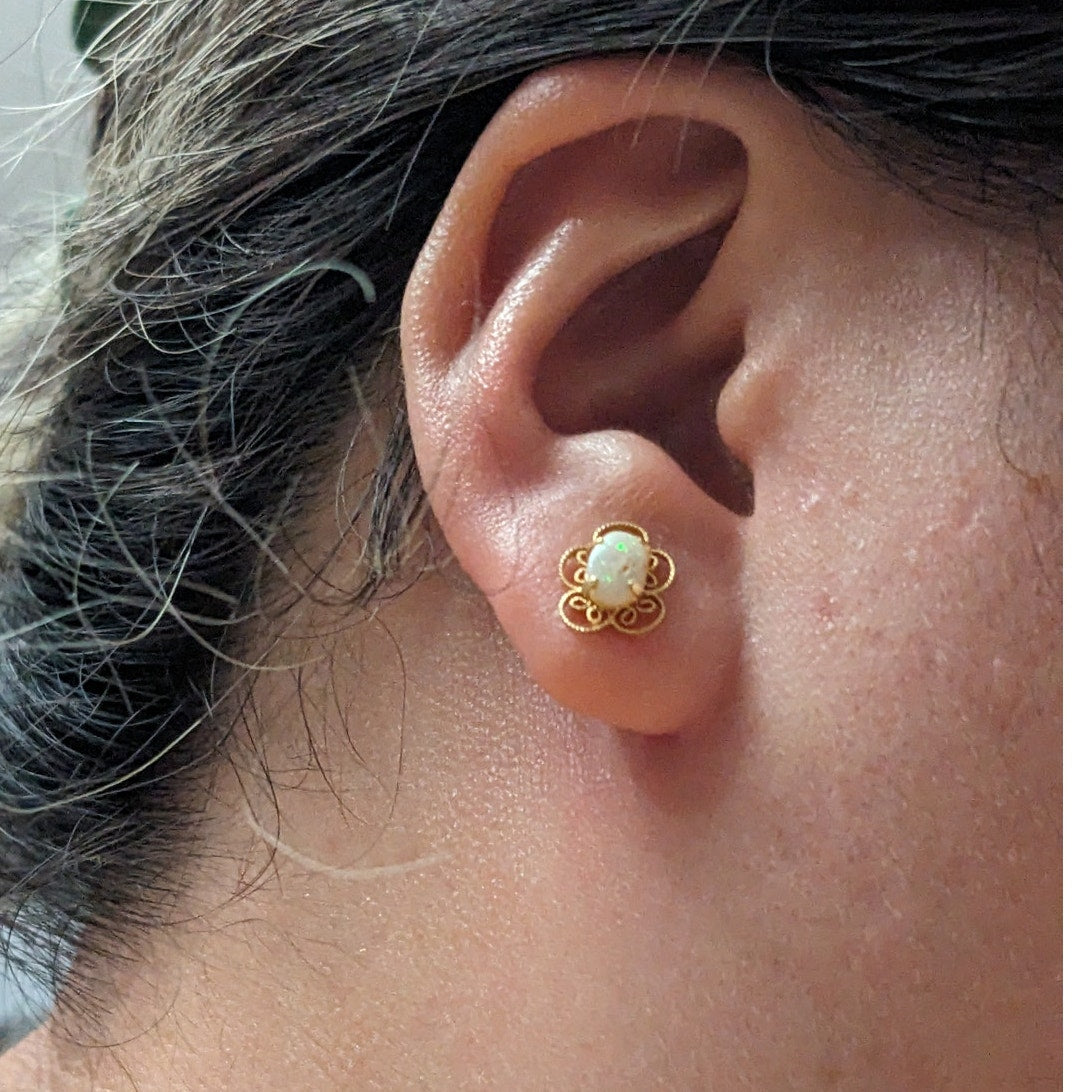 Vintage 14k Yellow Gold Dainty Flower with Opal Center Stud Earrings