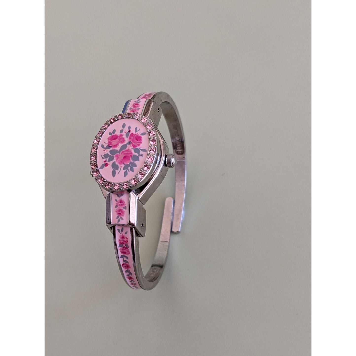 Vintage Andre Mouche Silver Tone Peek A Boo Bangle Watch, Pink Enamel Floral