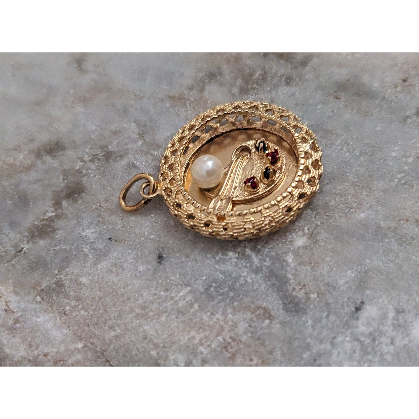 Vintage 14k Yellow Gold Art Paint Pallet Charm with Gems Pendant