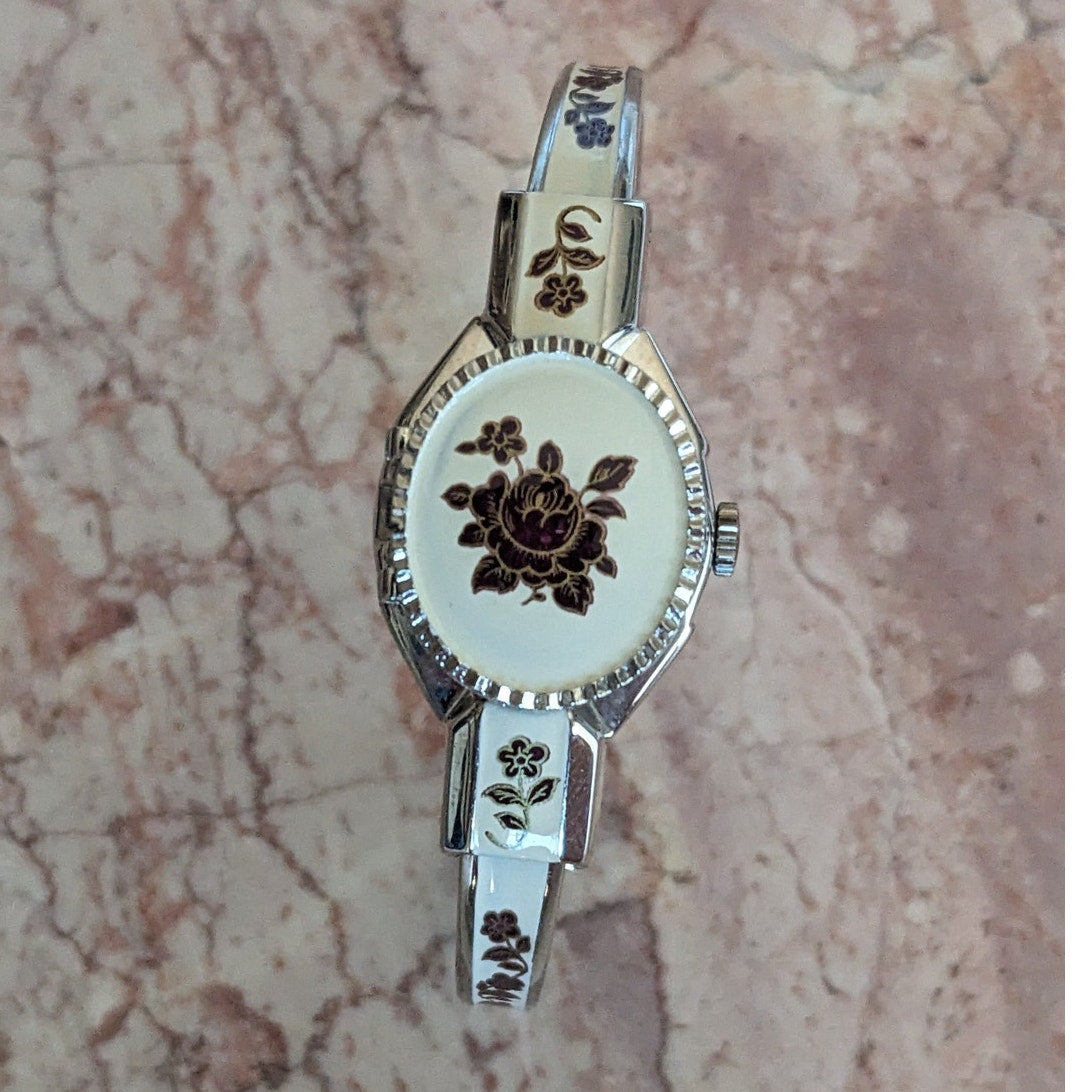 Vintage Andre Mouche Silver Tone Bangle Watch White Enamel Deep Red Flowers