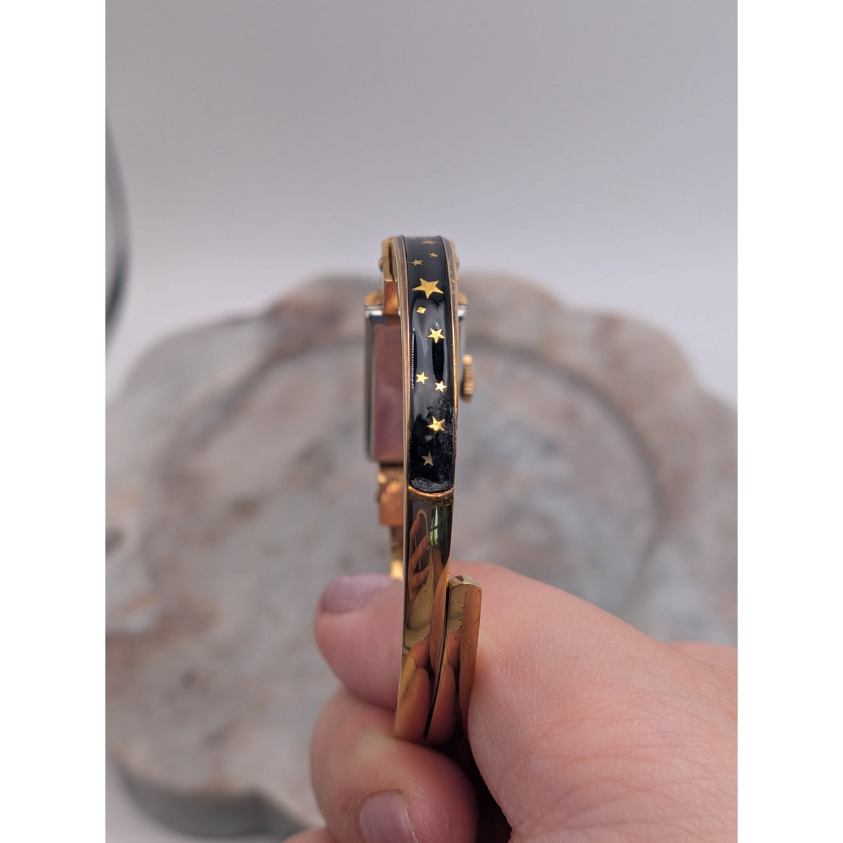 FLAW Vintage Bucherer Gold Peekaboo Watch Black Enamel Gold Stars POOR CONDITION