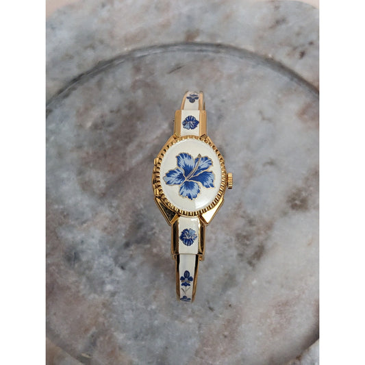 Vintage Andre Mouche Gold Tone Peekaboo Watch White Enamel Blue Flowers