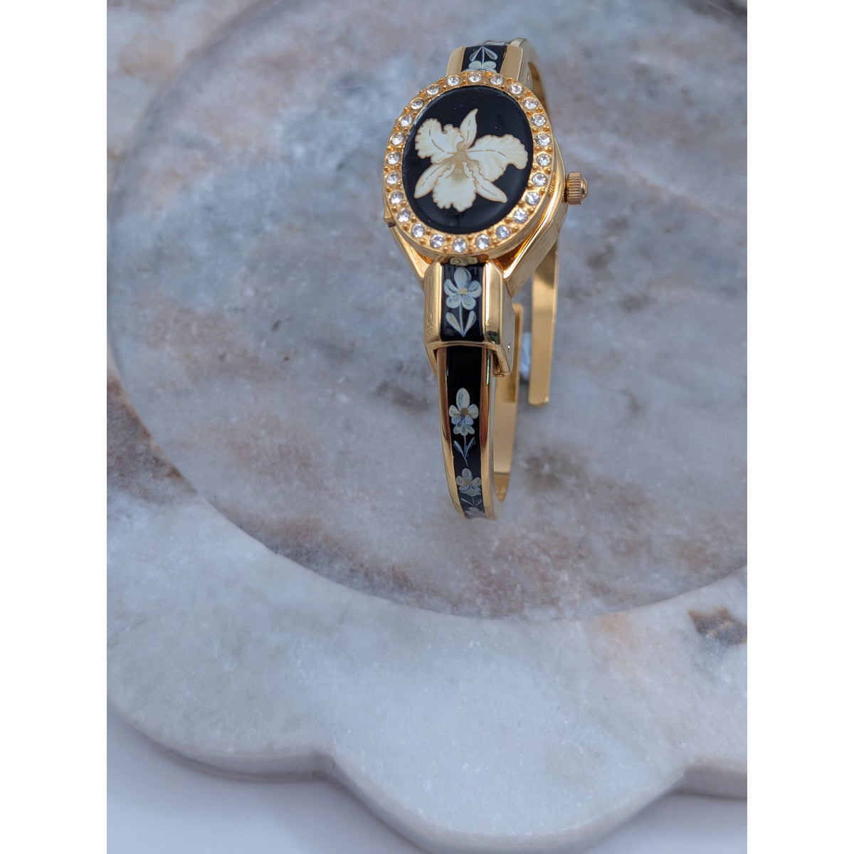 Vintage Andre Mouche Gold Tone Peekaboo Watch Black Enamel White Flower & Stones