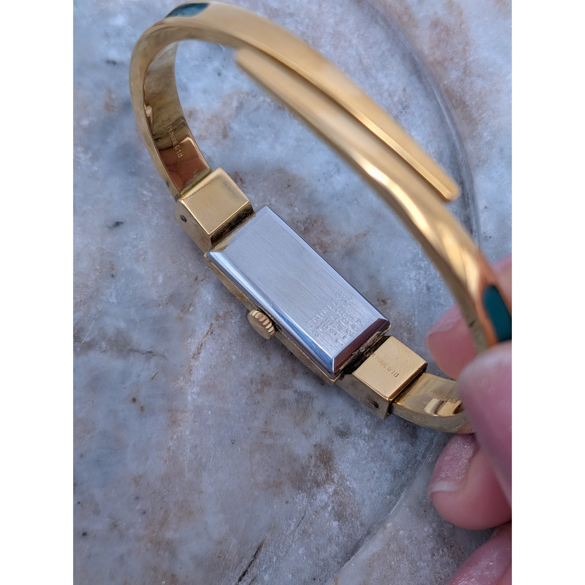 Vintage Chandler MANUAL Gold Tone Bangle Watch Green Enamel & Gold Floral Accent