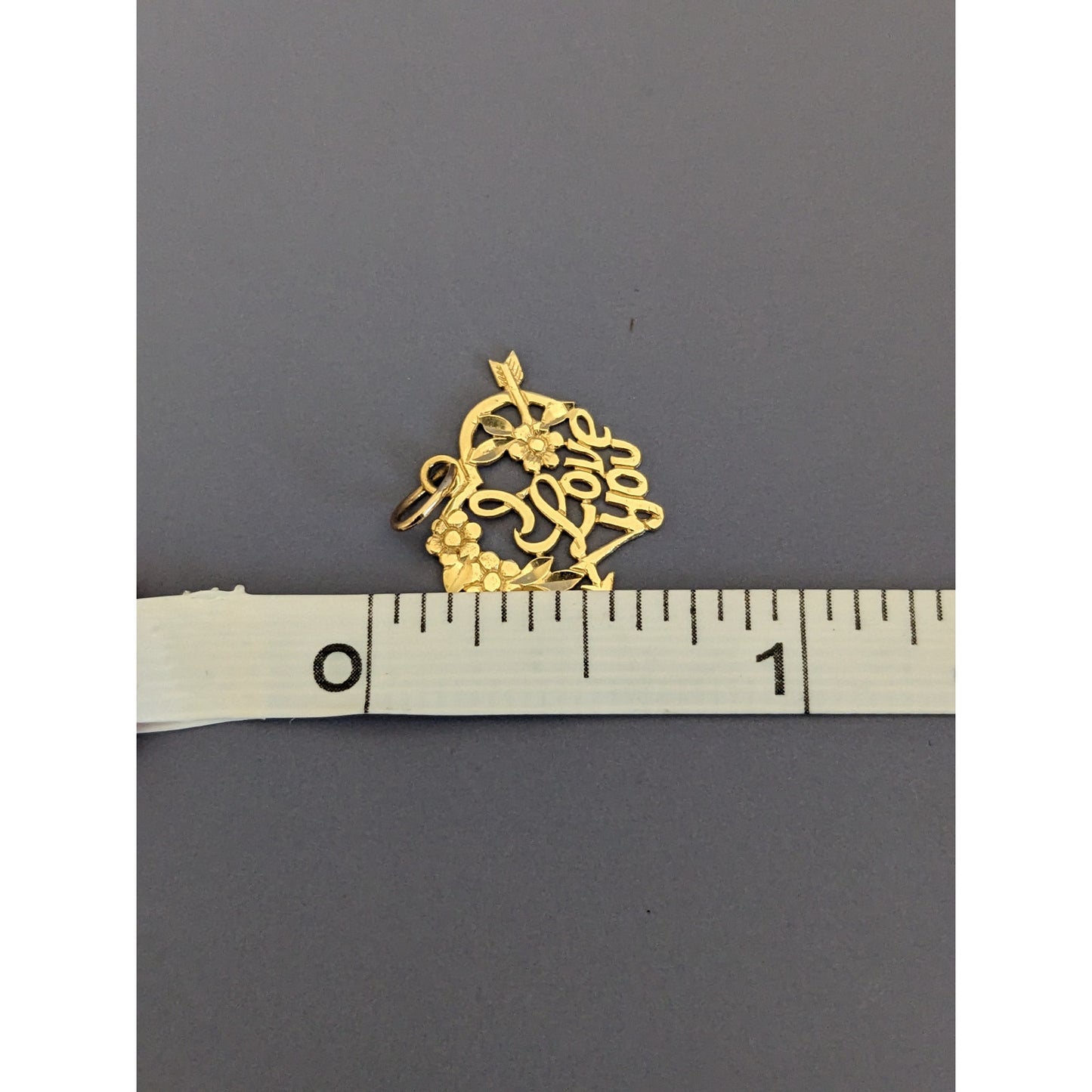 Estate 14k Yellow Gold "I Love You" Heart Pendant Charm with Arrow & Flowers