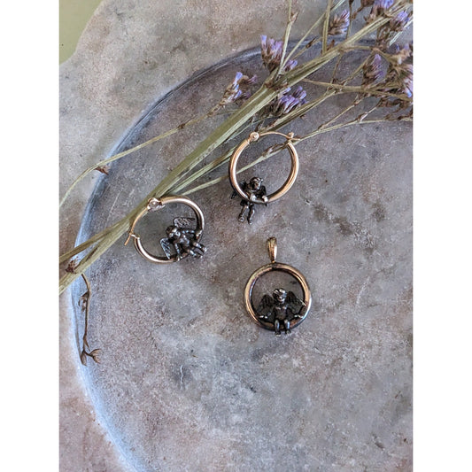 14K Yellow Gold Hoops with Seated/Dangling 925 Cherub Angels Earrings & Pendant