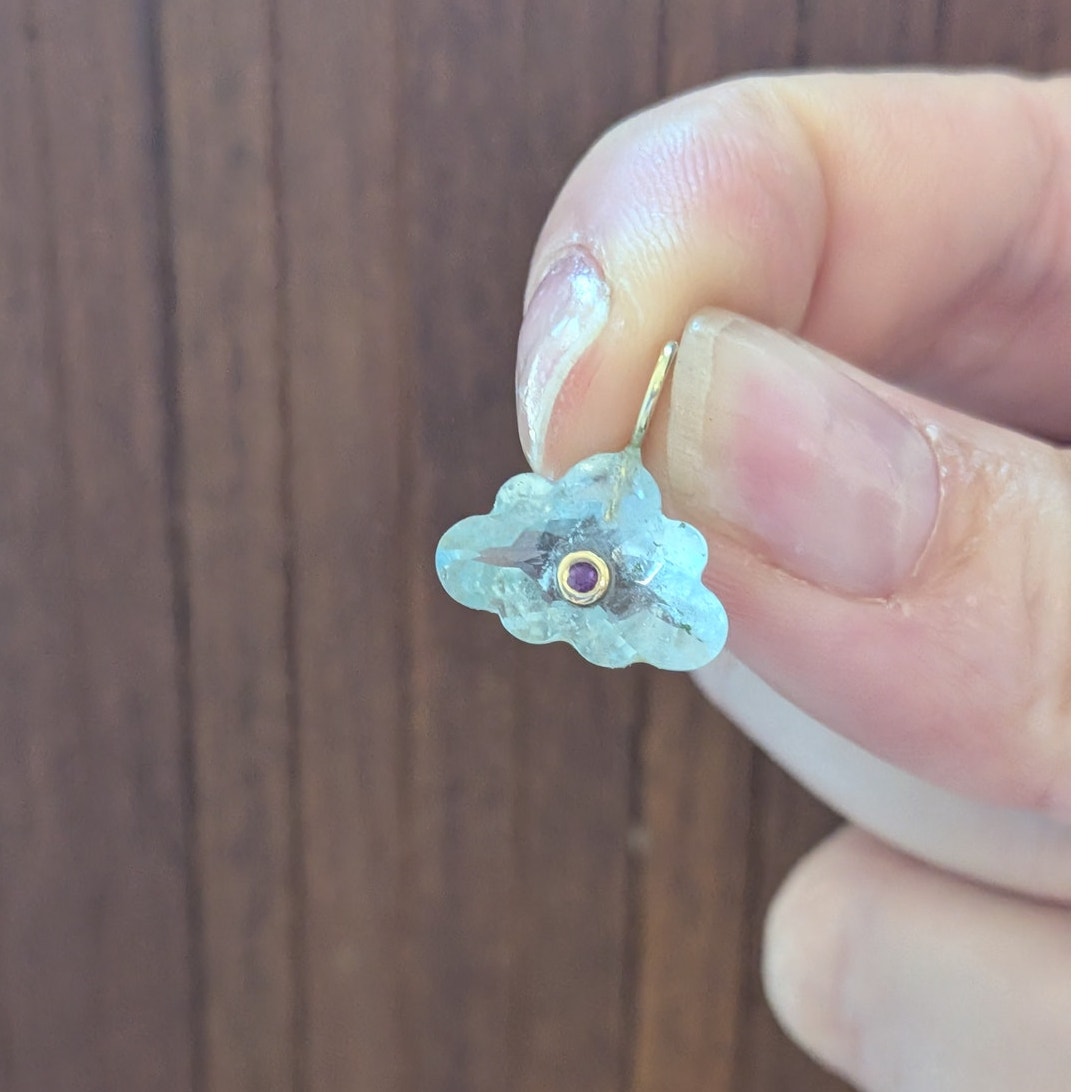 14K Gold Blue Topaz Cloud Pendant Natural Ruby Inlay Carved Gemstone